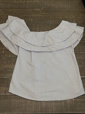 White House Black Market White and Navy Striped Off-Shoulder Ruffle Top
